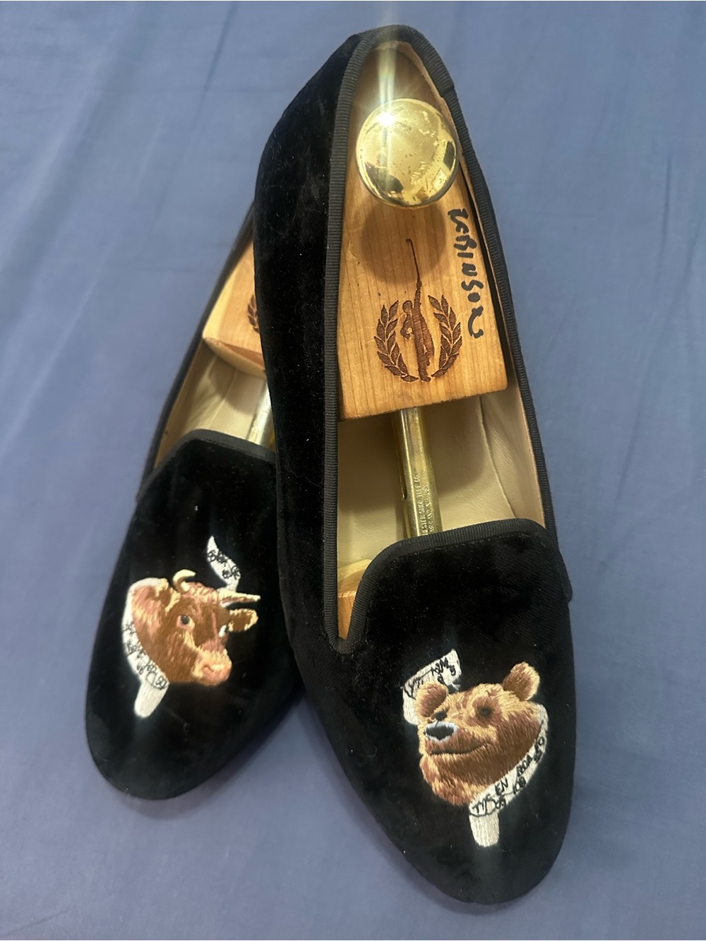 Stubbs & Wootton Black Velvet Bear Embroidered Mules
